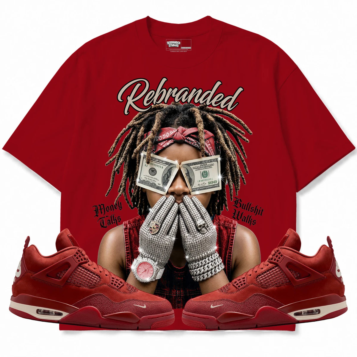 Rebranded Studios Money Talks Bullshit Walks Air Jordan 4 Brick By Brick red shirt — front with sneakers
