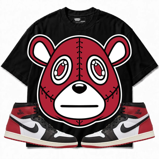 Rebranded Studios Rebranded Bear Air Jordan 1 High OG Black Toe Reimagined Collection black shirt — front with sneakers