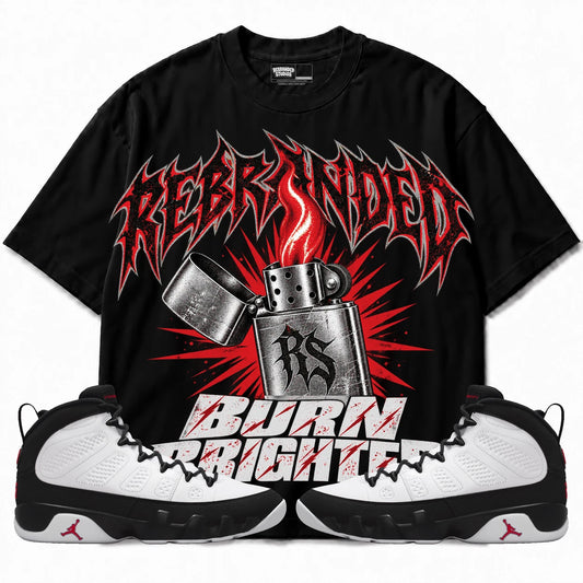 Rebranded Studios Burn Brighter Air Jordan 9 OG Space Jam Collection black shirt — front with sneakers