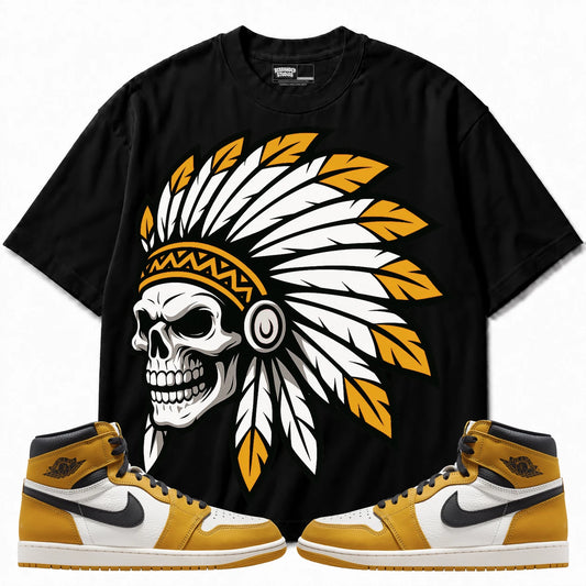 Rebranded Studios Chief 2.0 Air Jordan 1 Retro High OG Yellow Ochre Black shirt — front with sneakers
