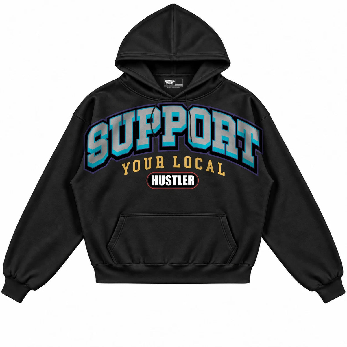 Rebranded Studios Support Your Local Hustler Air Jordan 8 Aqua Black hoodie — front