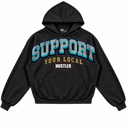 Rebranded Studios Support Your Local Hustler Air Jordan 8 Aqua Black hoodie — front