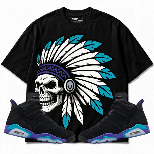 Rebranded Studios Chief 2.0 Air Jordan 6 Aqua Black shirt — front with sneakers