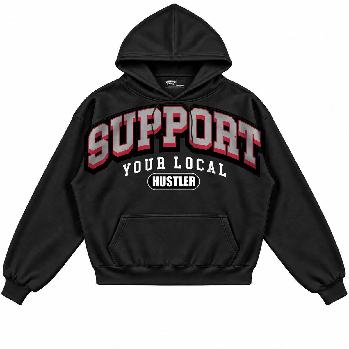 Rebranded Studios Support Your Local Hustler Air Jordan 1 High OG Black Toe Reimagined Black hoodie — front