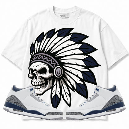 Rebranded Studios Chief 2.0 Air Jordan 3 White Navy White shirt — front with sneakers