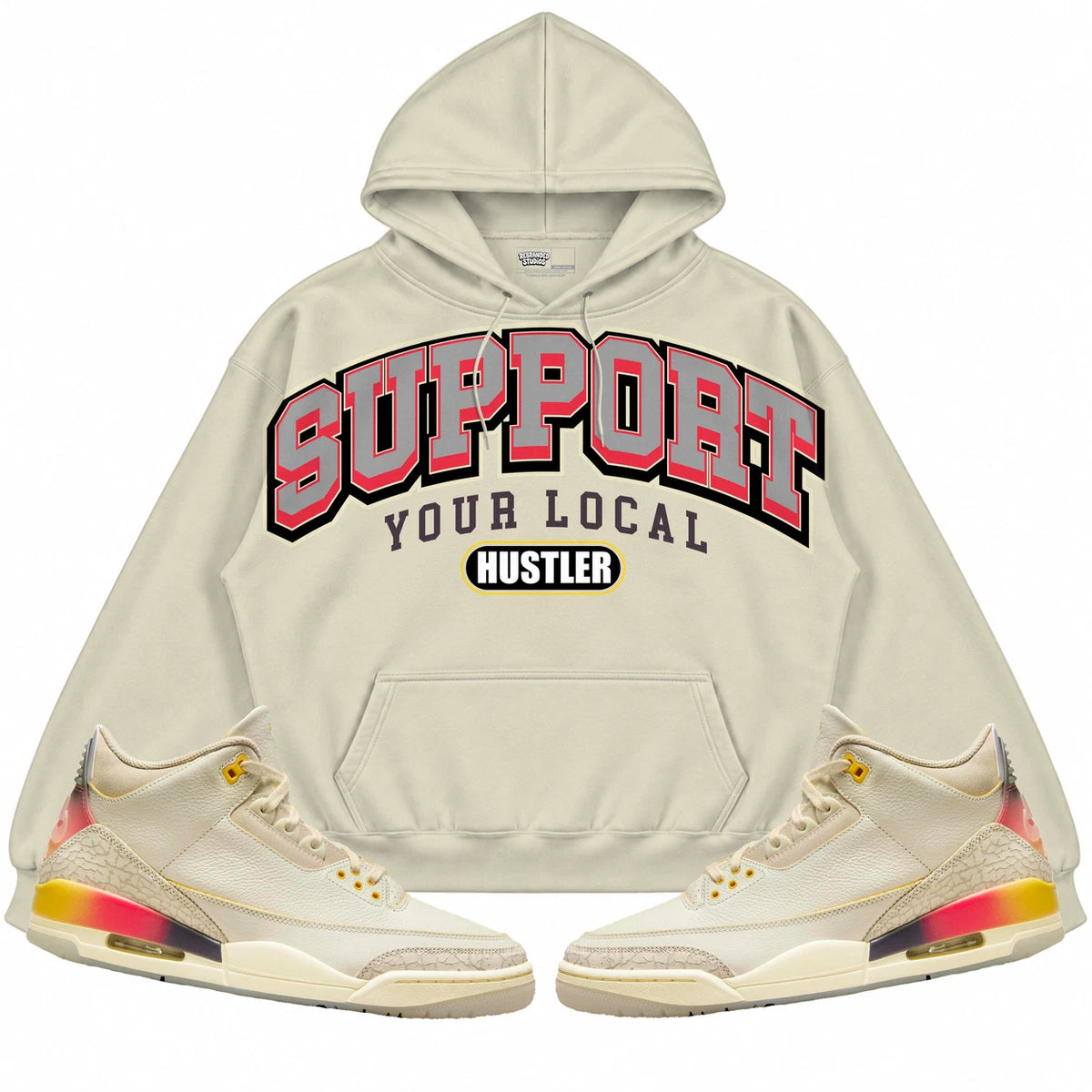 Rebranded Studios Support Your Local Hustler Air Jordan 3 J Balvin Medellín Sunset Cream hoodie — front with sneakers