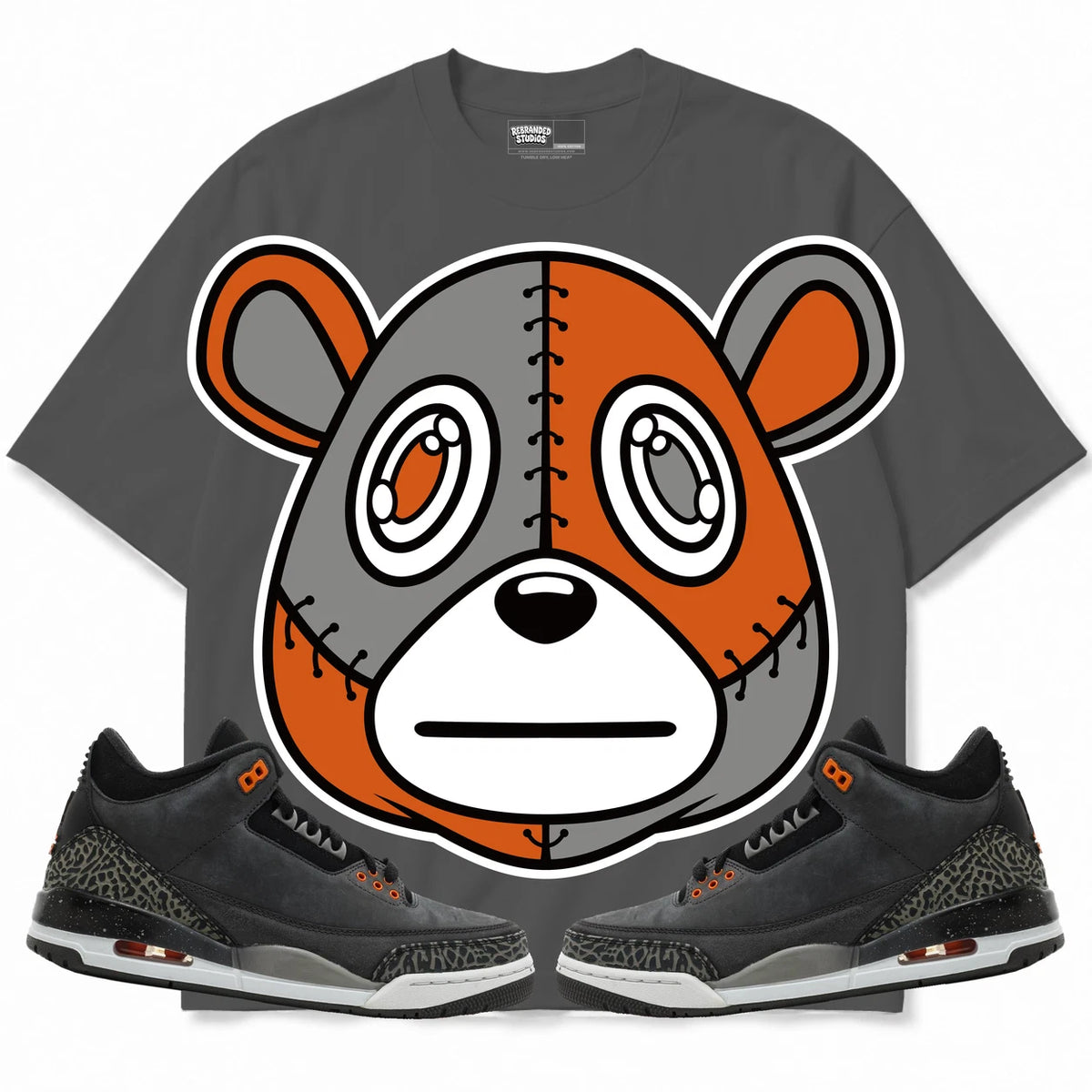 Rebranded Studios Rebranded Bear Air Jordan 3 Fear Collection charcoal gray shirt — front with sneakers