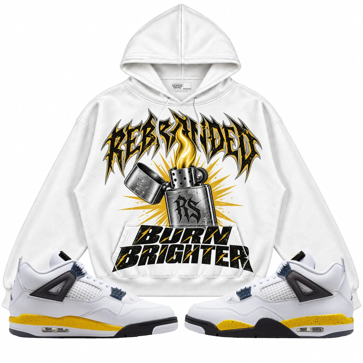Rebranded Studios Burn Brighter Air Jordan 4 Tour Yellow Collection white hoodie — front with sneakers