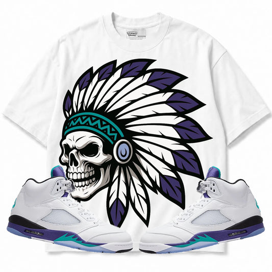 Rebranded Studios Chief 2.0 Air Jordan 5 Grape White shirt — front with sneakers