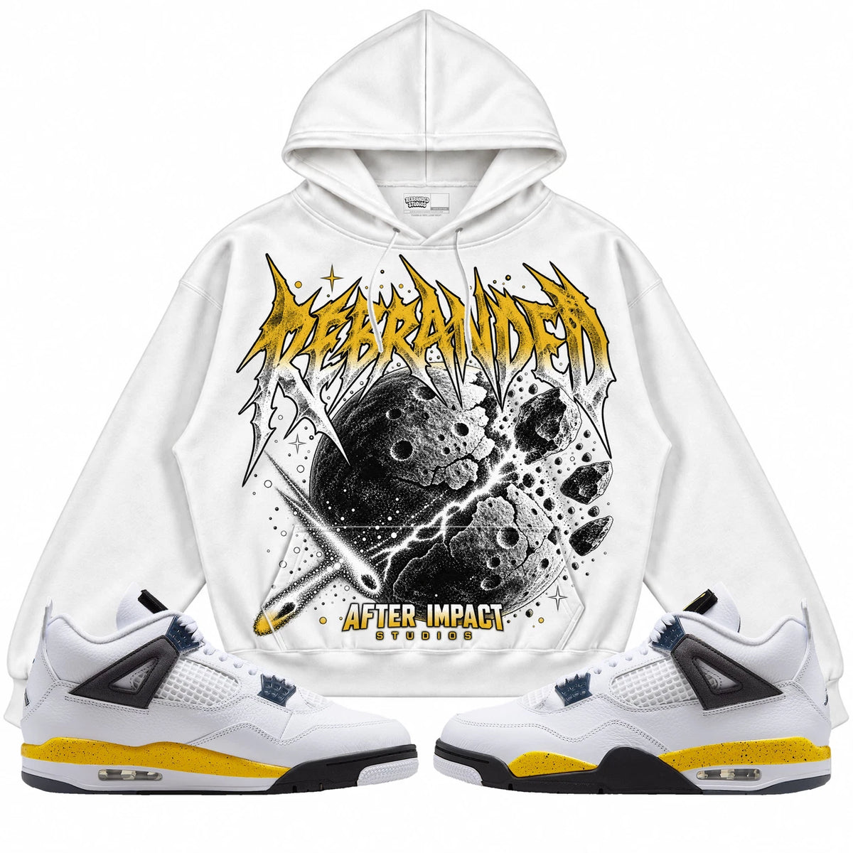 Rebranded Studios After Impact Air Jordan 4 Tour Yellow Collection white hoodie — front with sneakers