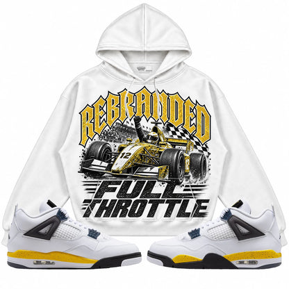 Rebranded Studios Full Throttle Air Jordan 4 Tour Yellow Collection white hoodie — front with sneakers