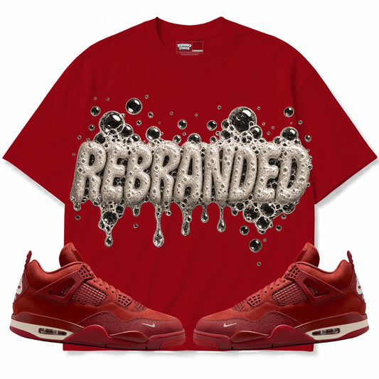 Rebranded Studios Bubblez Air Jordan 4 Brick By Brick red shirt — front with sneakers