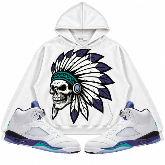 Rebranded Studios Chief 2.0 Air Jordan 5 Grape White hoodie — front with sneakers