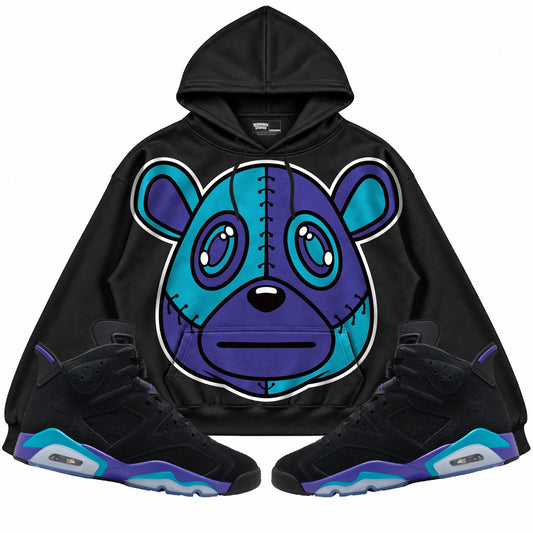 Rebranded Studios Rebranded Bear Air Jordan 6 Aqua Collection black hoodie — front with sneakers
