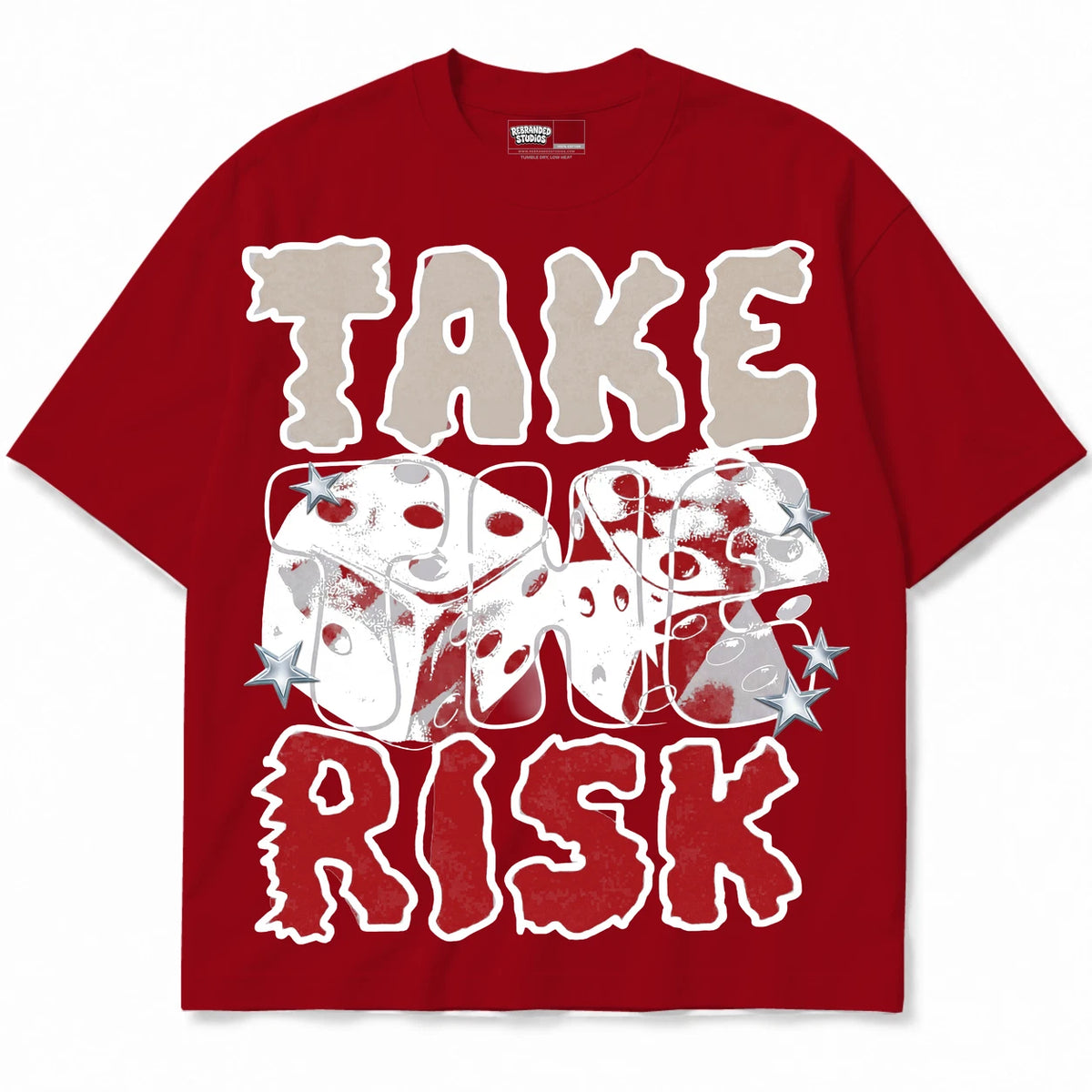 Rebranded Studios Take The Risk Air Jordan 4 Brick By Brick red shirt — front