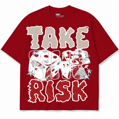 Rebranded Studios Take The Risk Air Jordan 4 Brick By Brick red shirt — front