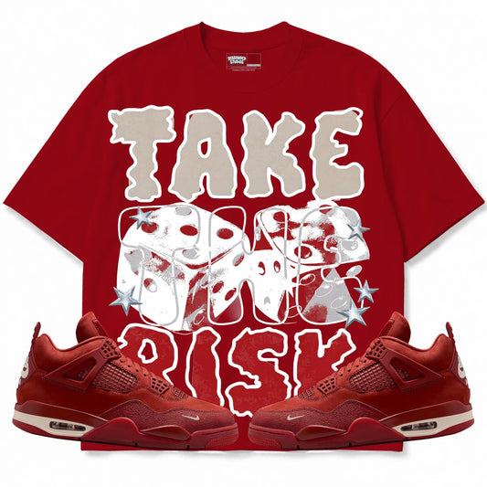 Rebranded Studios Take The Risk Air Jordan 4 Brick By Brick red shirt — front with sneakers