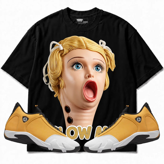 Rebranded Studios Blow Me Air Jordan Retro 14 Ginger Black shirt — front with sneakers