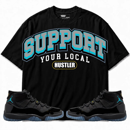 Rebranded Studios Support Your Local Hustler Air Jordan 11 Gamma Blue Black shirt — front with sneakers