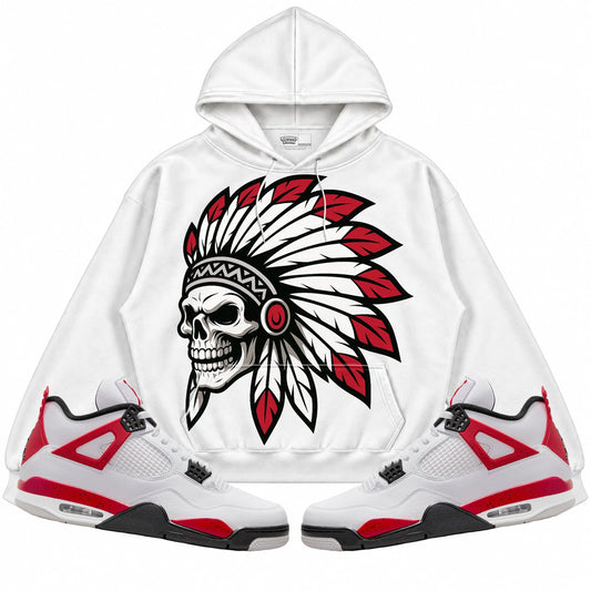 Rebranded Studios Chief 2.0 Air Jordan 4 Red Cement White hoodie — front with sneakers