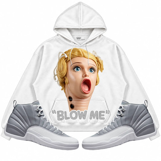 Rebranded Studios Blow Me Air Jordan Retro 12 Stealth White hoodie — front with sneakers
