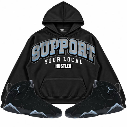 Rebranded Studios Support Your Local Hustler Air Jordan 7 Chambray Black hoodie — front with sneakers