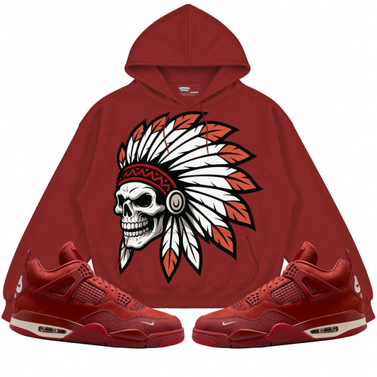 Rebranded Studios Chief 2.0 Air Jordan 4 Brick By Brick Brick Red hoodie — front with sneakers