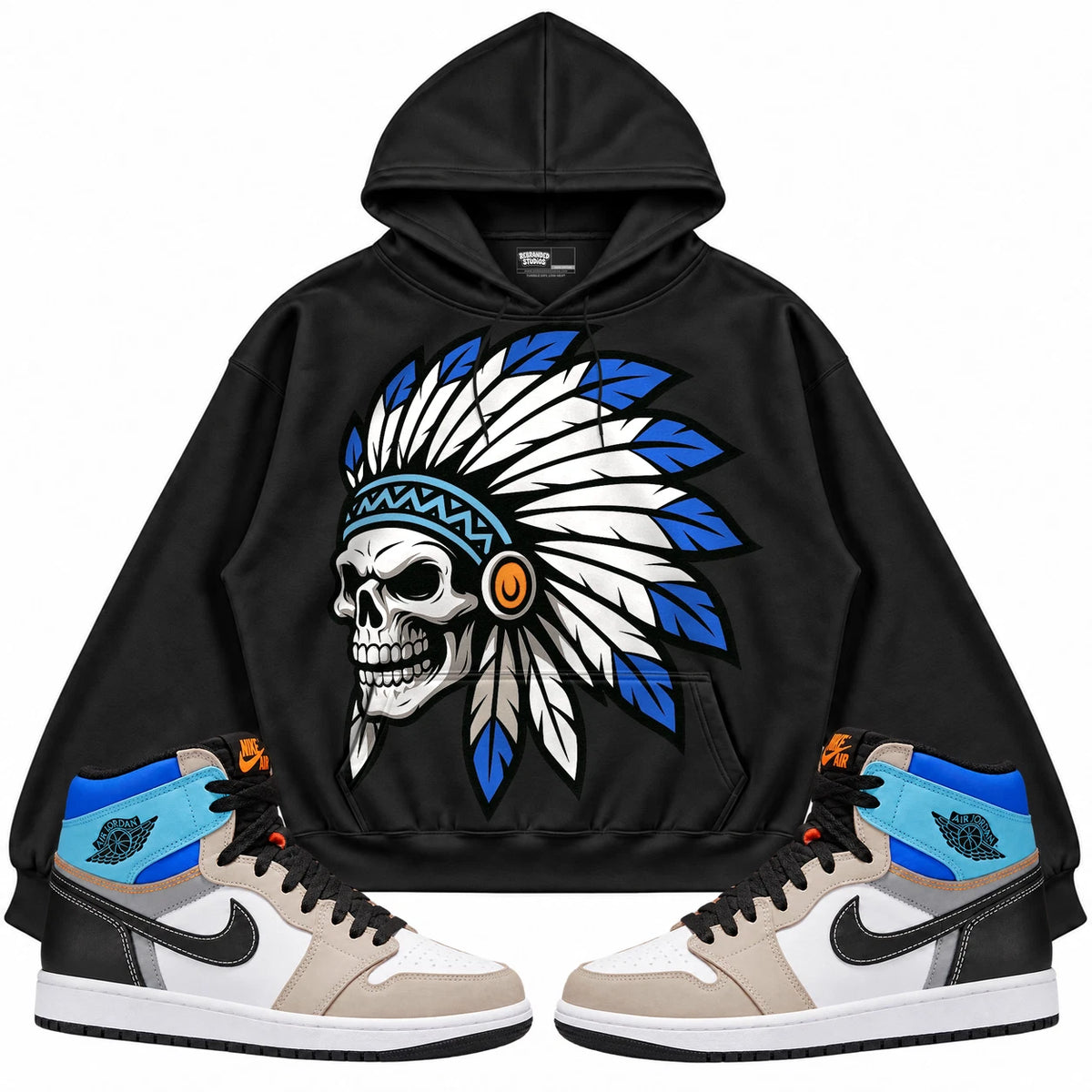 Rebranded Studios Chief 2.0 Air Jordan Retro 1 Prototype Black hoodie — front with sneakers