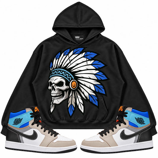 Rebranded Studios Chief 2.0 Air Jordan Retro 1 Prototype Black hoodie — front with sneakers