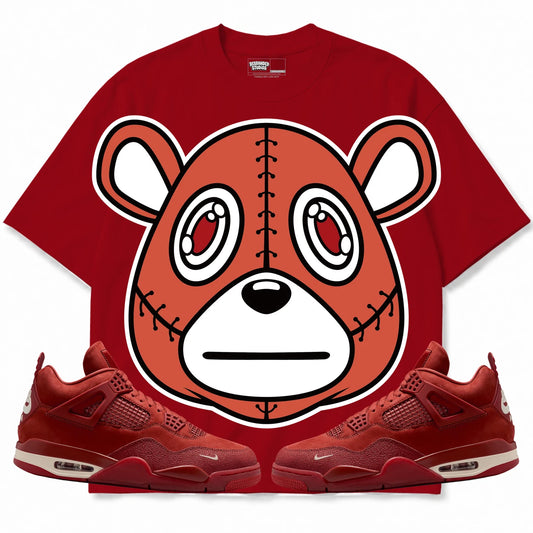 Rebranded Studios Rebranded Bear Air Jordan 4 Brick By Brick Collection red shirt — front with sneakers