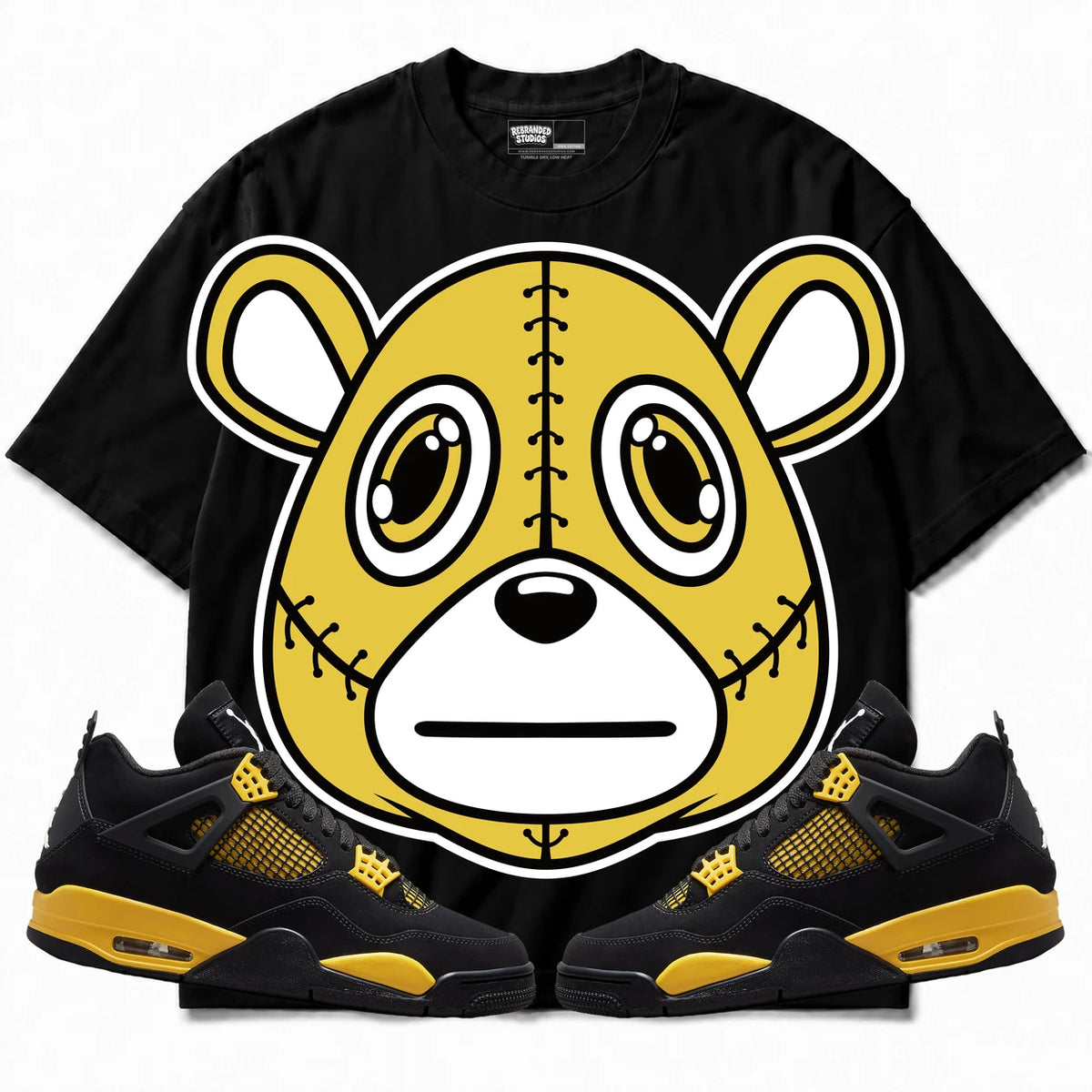Rebranded Studios Rebranded Bear Air Jordan 4 Thunder Black shirt — front with sneakers