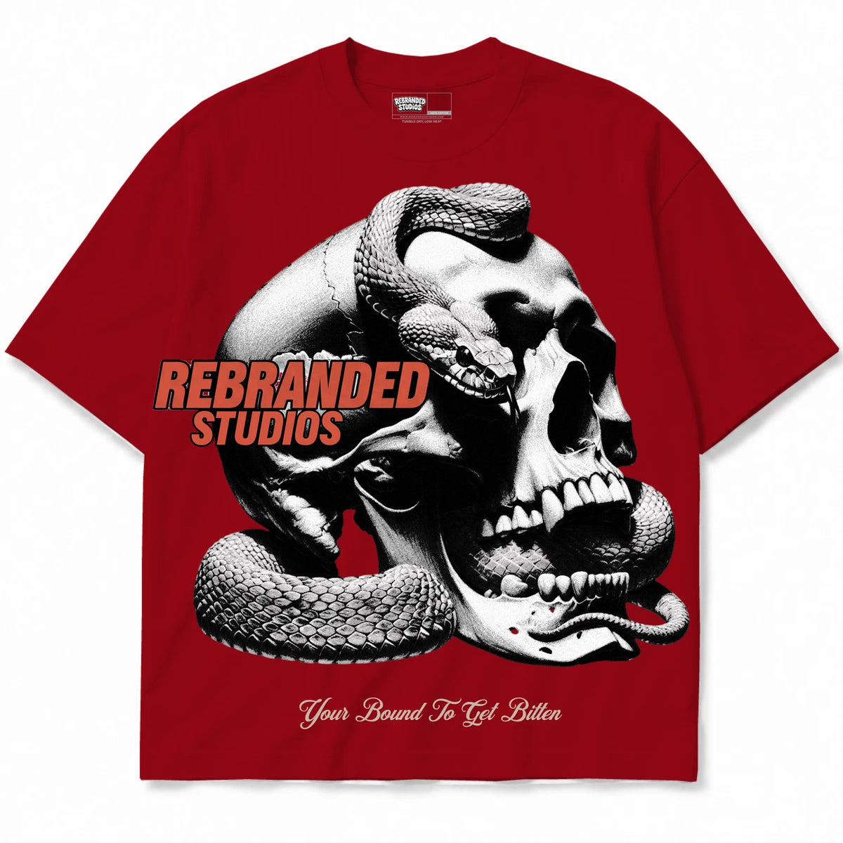 Rebranded Studios Bound To Get Bitten Air Jordan 4 Brick By Brick red shirt — front