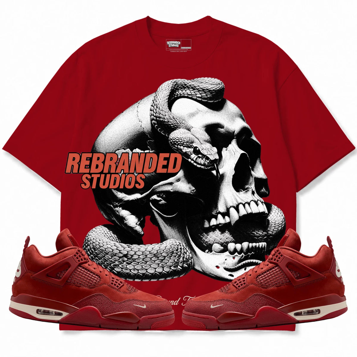 Rebranded Studios Bound To Get Bitten Air Jordan 4 Brick By Brick red shirt — front with sneakers