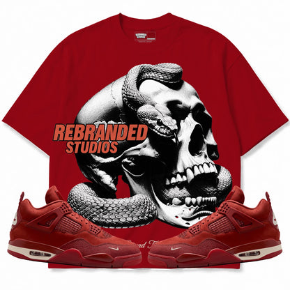 Rebranded Studios Bound To Get Bitten Air Jordan 4 Brick By Brick red shirt — front with sneakers