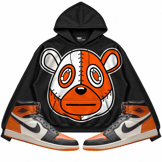 Rebranded Studios Rebranded Bear Air Jordan 1 Shattered Backboard Black hoodie — front with sneakers