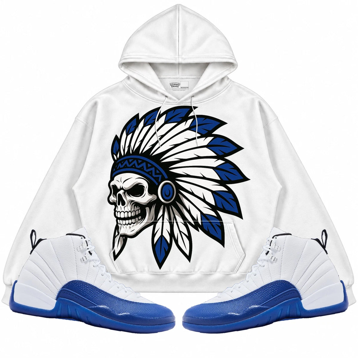 Rebranded Studios Chief 2.0 Air Jordan 12 Blueberry White hoodie — front with sneakers