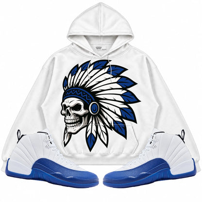 Rebranded Studios Chief 2.0 Air Jordan 12 Blueberry White hoodie — front with sneakers