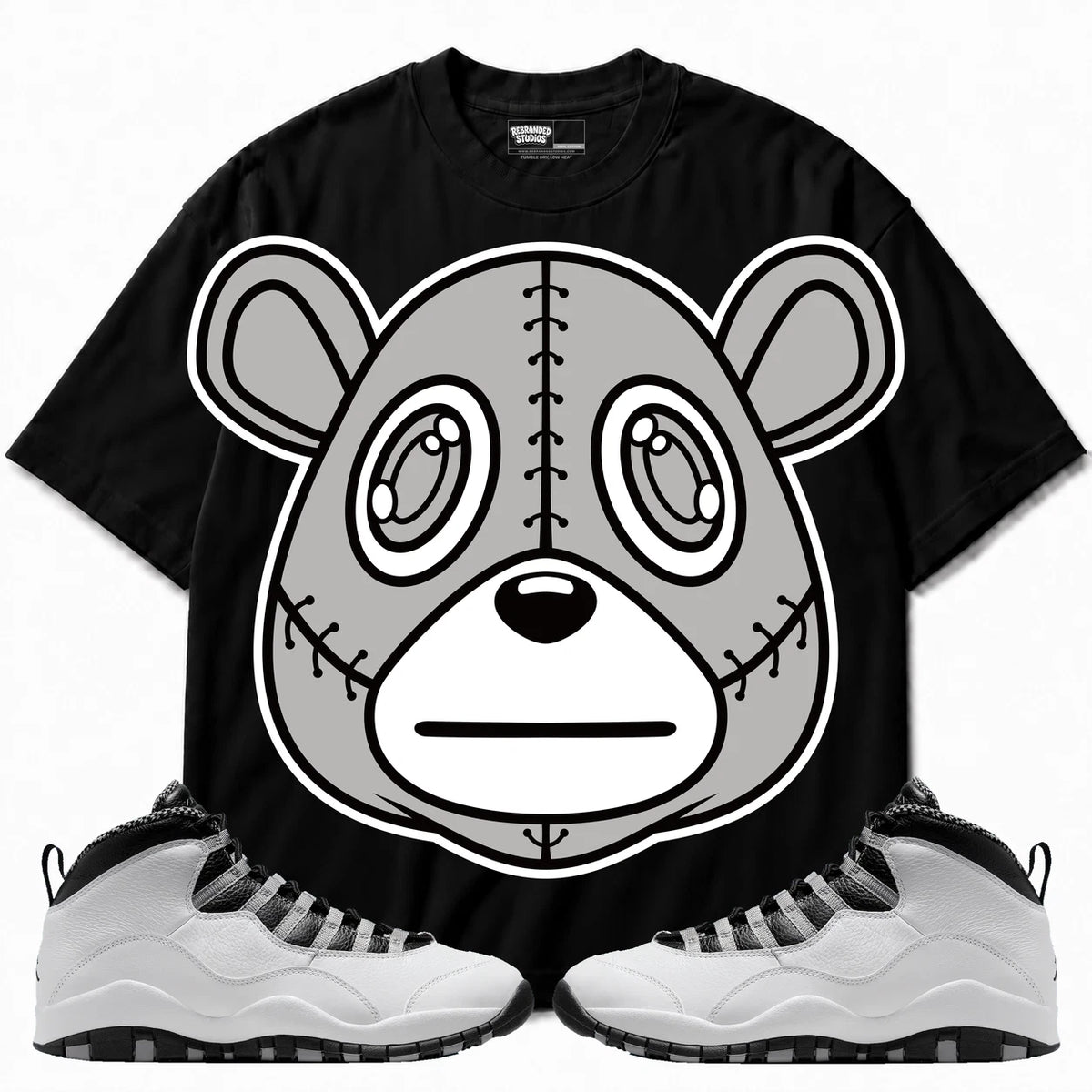 Rebranded Studios Rebranded Bear Air Jordan 10 Steel Black shirt — front with sneakers
