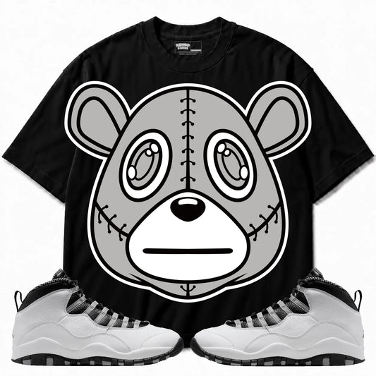 Rebranded Studios Rebranded Bear Air Jordan 10 Steel Black shirt — front with sneakers