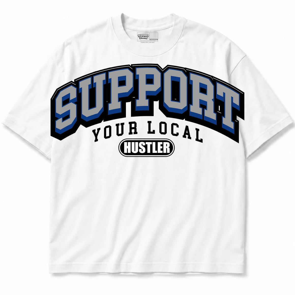Rebranded Studios Support Your Local Hustler Air Jordan 12 Blueberry Collection White shirt — front
