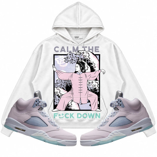 Rebranded Studios Calm TF Down Air Jordan Retro 5 Easter/Regal Pink Collection White hoodie — front with sneakers