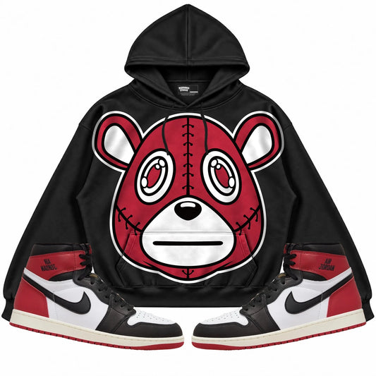 Rebranded Studios Rebranded Bear Air Jordan 1 High OG Black Toe Reimagined Collection black hoodie — front with sneakers