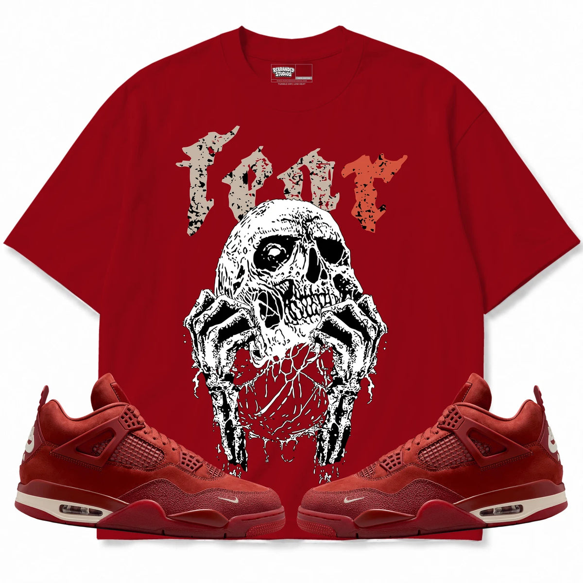 Rebranded Studios Fear Air Jordan 4 Brick By Brick red shirt — front with sneakers