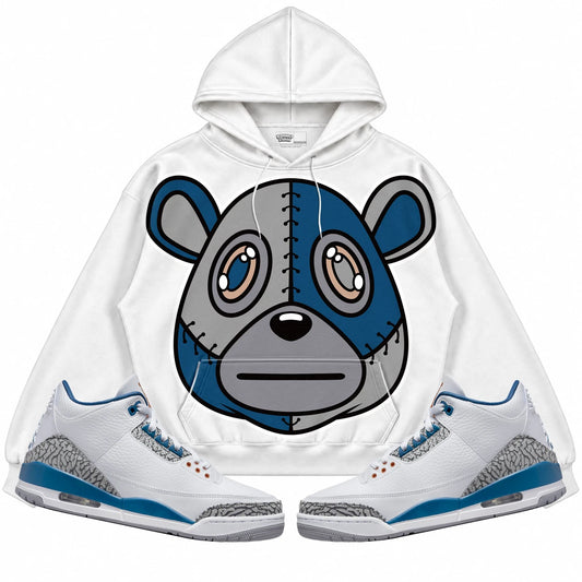 Rebranded Studios Rebranded Bear Air Jordan 3 “Wizards” PE Collection White hoodie — front with sneakers