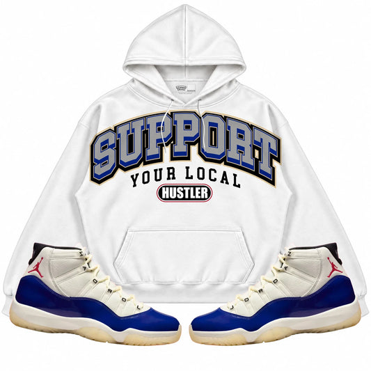 Rebranded Studios Support Your Local Hustler Air Jordan 11 Rare Air Collection White hoodie — front with sneakers