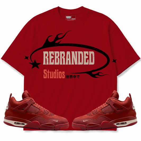 Rebranded Studios Studios Air Jordan 4 Brick By Brick red shirt — front with sneakers