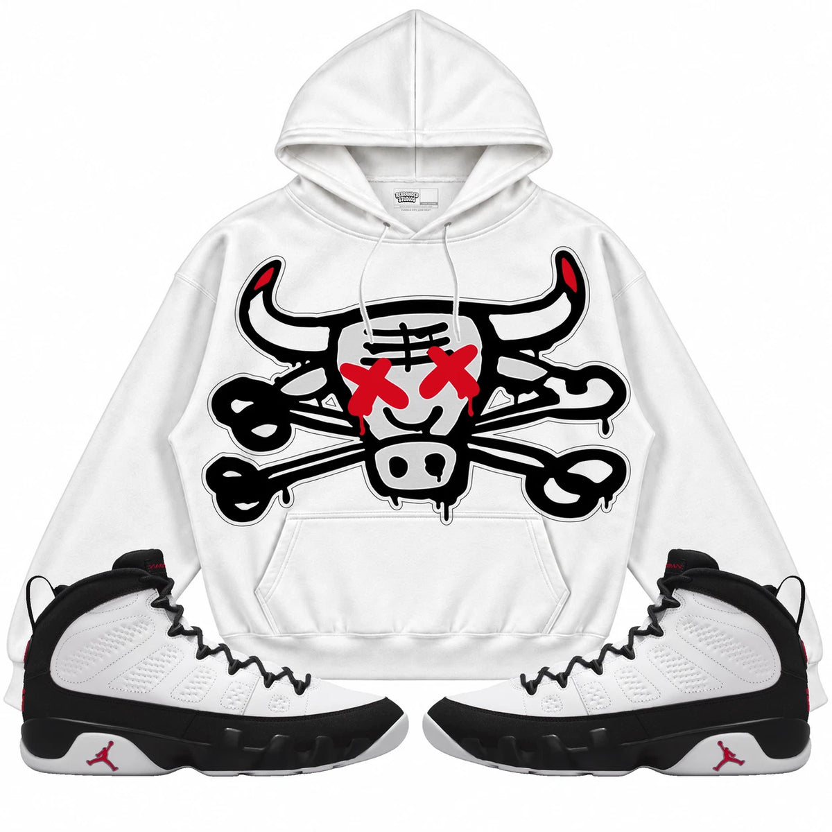 Rebranded Studios The Bull Air Jordan 9 OG Space Jam Collection white hoodie — front with sneakers