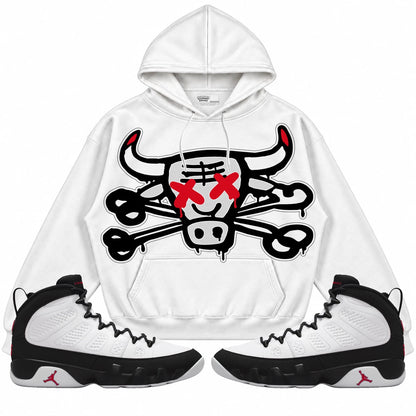 Rebranded Studios The Bull Air Jordan 9 OG Space Jam Collection white hoodie — front with sneakers