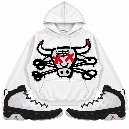 Rebranded Studios The Bull Air Jordan 9 OG Space Jam Collection white hoodie — front with sneakers