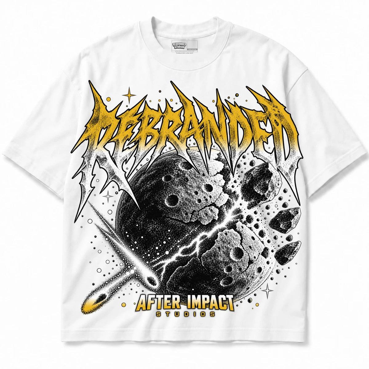 Rebranded Studios After Impact Air Jordan 4 Tour Yellow Collection white shirt — front